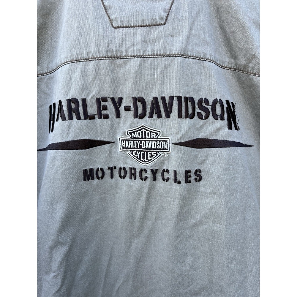 VINTAGE Harley Davidson Shirt Mens Large Button Up Beige Embroidered Mechanic